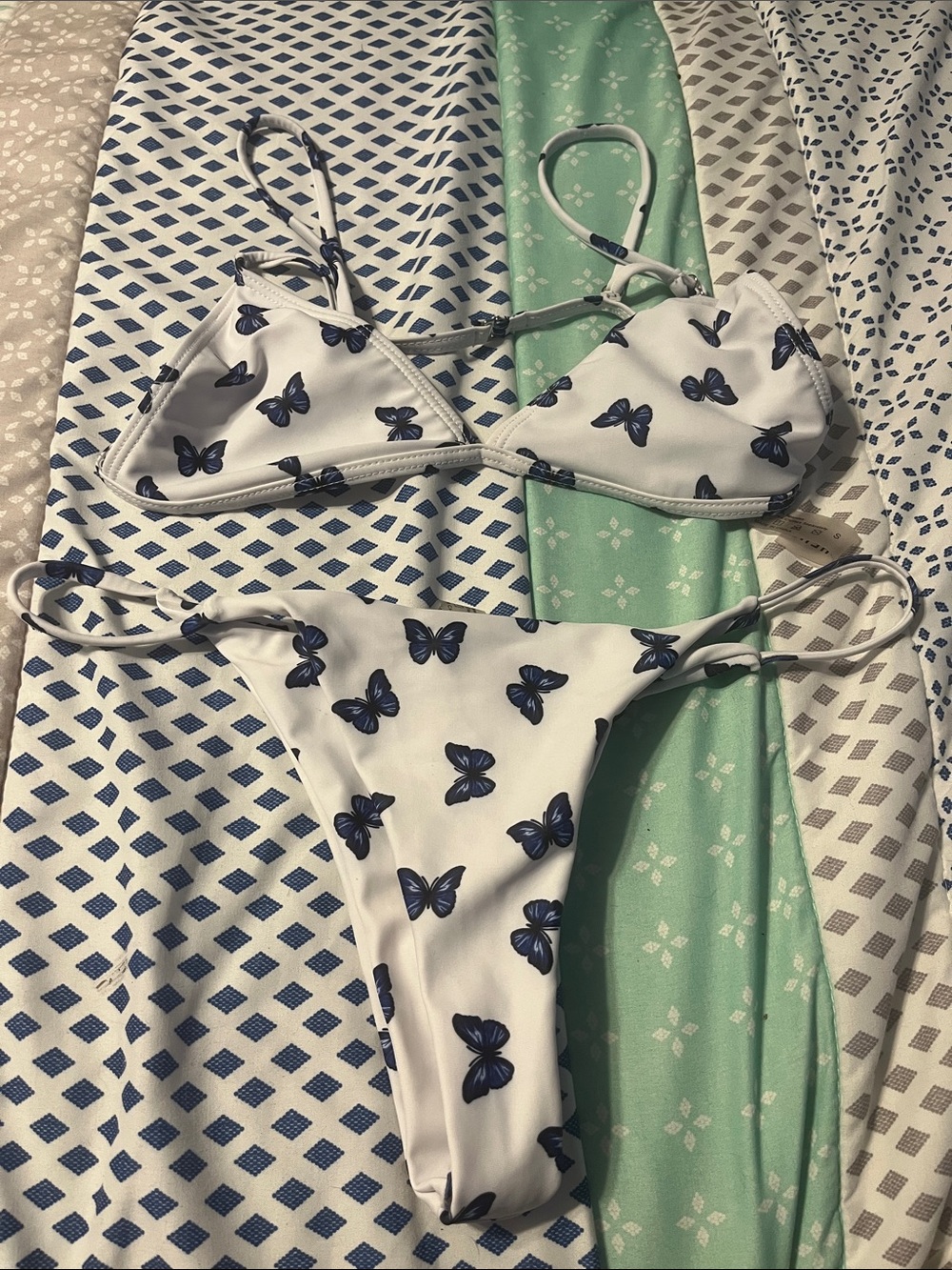 SHEIN White Bikini Set with Blue Butterfly Print